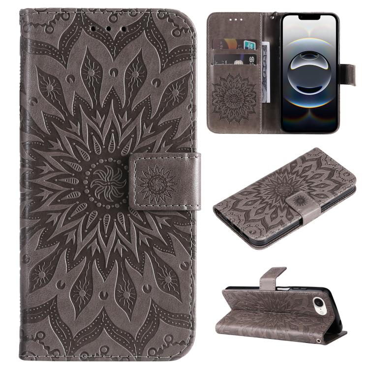 For iPhone 16e Embossed Sunflower Pattern Flip Leather Phone Case(Grey) by buy2fix