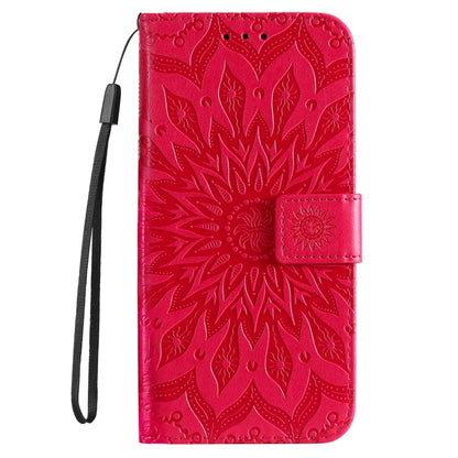 For iPhone 16e Embossed Sunflower Pattern Flip Leather Phone Case(Red) by buy2fix