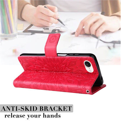 For iPhone 16e Embossed Sunflower Pattern Flip Leather Phone Case(Red) by buy2fix