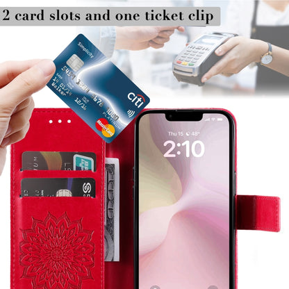 For iPhone 16e Embossed Sunflower Pattern Flip Leather Phone Case(Red) by buy2fix