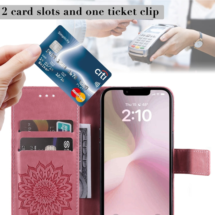 For iPhone 16e Embossed Sunflower Pattern Flip Leather Phone Case(Pink) by buy2fix