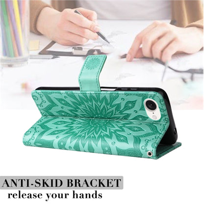 For iPhone 16e Embossed Sunflower Pattern Flip Leather Phone Case(Green) by buy2fix