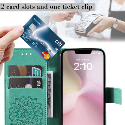 For iPhone 16e Embossed Sunflower Pattern Flip Leather Phone Case(Green) by buy2fix