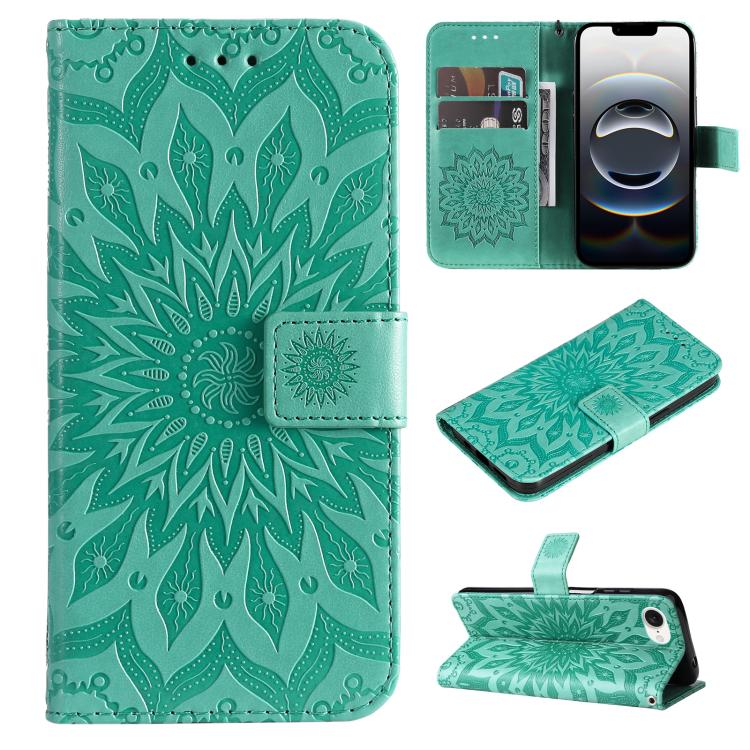 For iPhone 16e Embossed Sunflower Pattern Flip Leather Phone Case(Green) by buy2fix