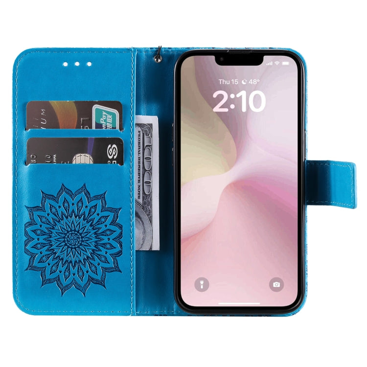 For iPhone 16e Embossed Sunflower Pattern Flip Leather Phone Case(Blue) by buy2fix