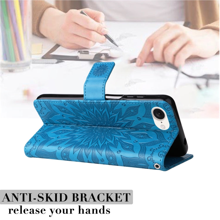 For iPhone 16e Embossed Sunflower Pattern Flip Leather Phone Case(Blue) by buy2fix