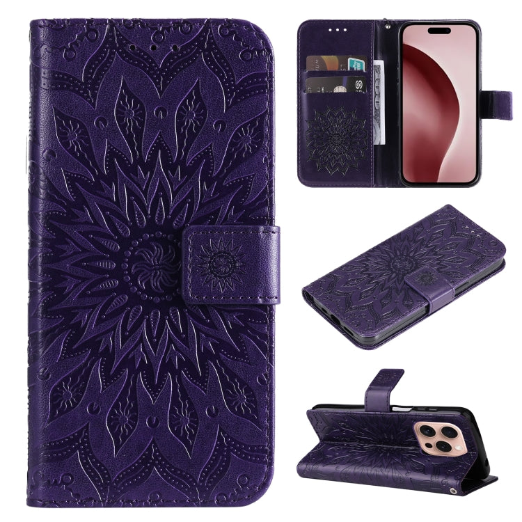 For iPhone 16 Pro Embossed Sunflower Pattern Flip Leather Phone Case(Purple) by buy2fix