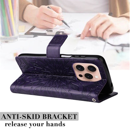 For iPhone 16 Pro Embossed Sunflower Pattern Flip Leather Phone Case(Purple) by buy2fix