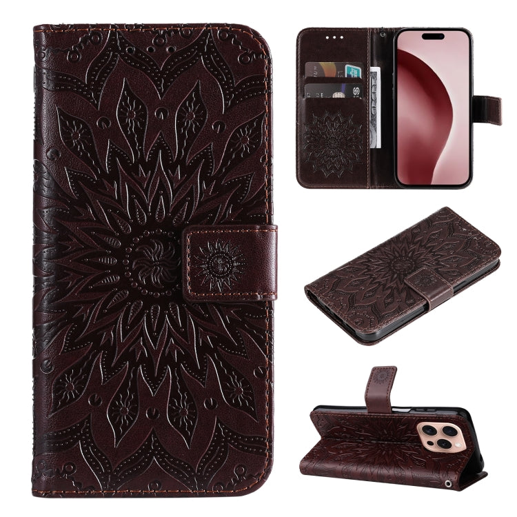 For iPhone 16 Pro Embossed Sunflower Pattern Flip Leather Phone Case(Brown) by buy2fix
