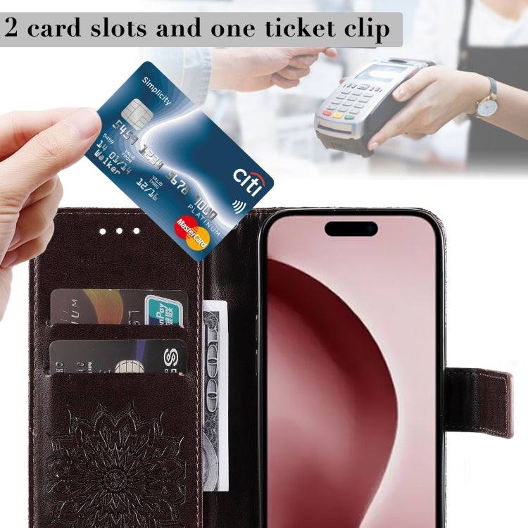 For iPhone 16 Pro Embossed Sunflower Pattern Flip Leather Phone Case(Brown) by buy2fix