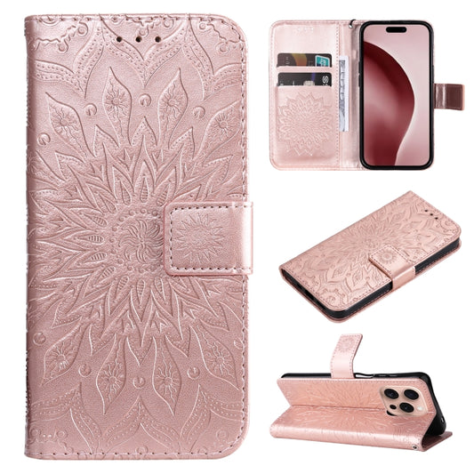 For iPhone 16 Pro Embossed Sunflower Pattern Flip Leather Phone Case(Rose Gold) by buy2fix