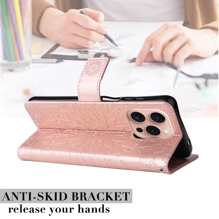 For iPhone 16 Pro Embossed Sunflower Pattern Flip Leather Phone Case(Rose Gold) by buy2fix