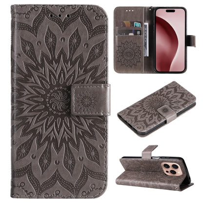 For iPhone 16 Pro Embossed Sunflower Pattern Flip Leather Phone Case(Grey) by buy2fix