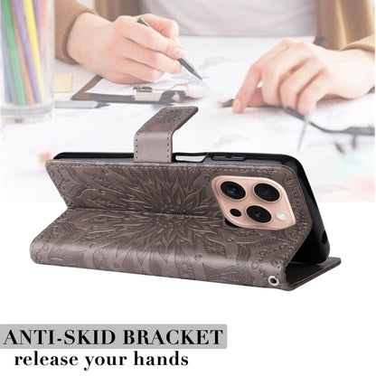 For iPhone 16 Pro Embossed Sunflower Pattern Flip Leather Phone Case(Grey) by buy2fix