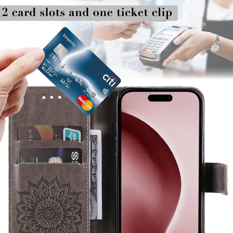 For iPhone 16 Pro Embossed Sunflower Pattern Flip Leather Phone Case(Grey) by buy2fix