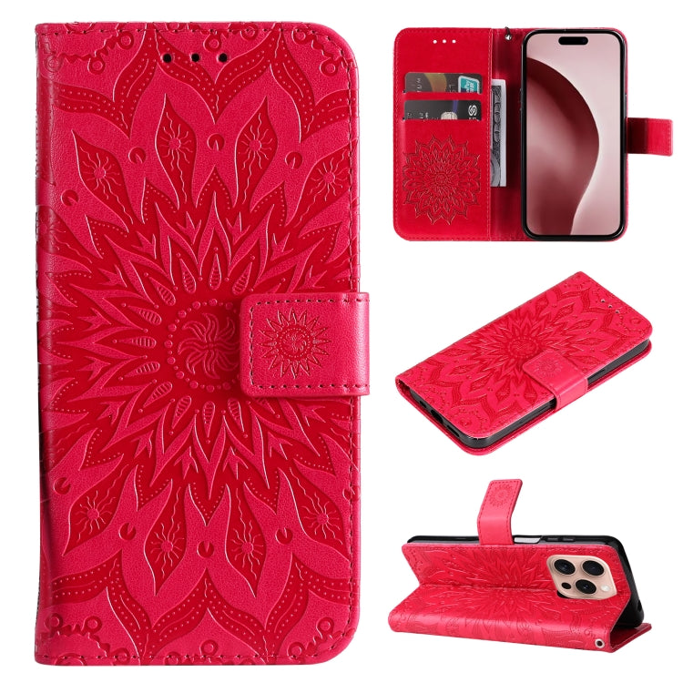 For iPhone 16 Pro Embossed Sunflower Pattern Flip Leather Phone Case(Red) by buy2fix