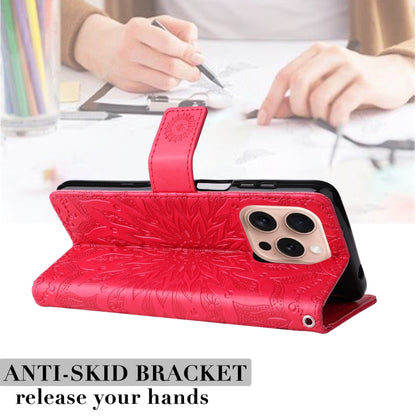 For iPhone 16 Pro Embossed Sunflower Pattern Flip Leather Phone Case(Red) by buy2fix