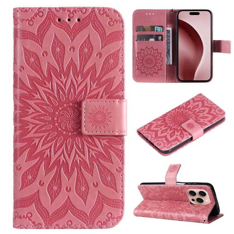 For iPhone 16 Pro Embossed Sunflower Pattern Flip Leather Phone Case(Pink) by buy2fix