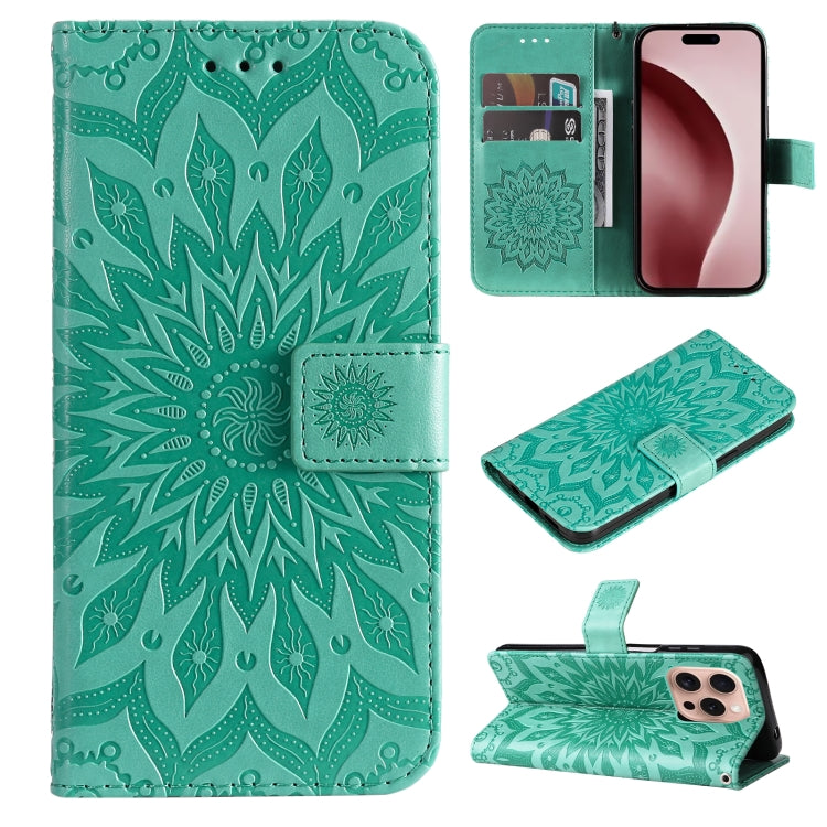 For iPhone 16 Pro Embossed Sunflower Pattern Flip Leather Phone Case(Green) by buy2fix