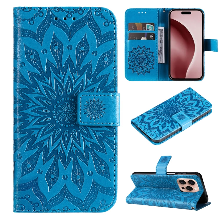 For iPhone 16 Pro Embossed Sunflower Pattern Flip Leather Phone Case(Blue) by buy2fix