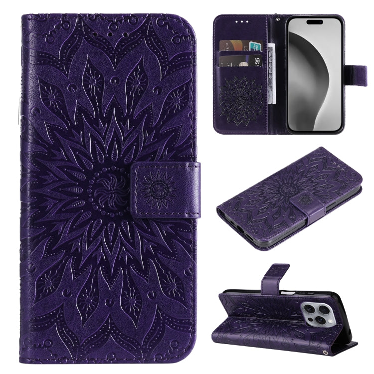 For iPhone 16 Pro Max Embossed Sunflower Pattern Flip Leather Phone Case(Purple) by buy2fix
