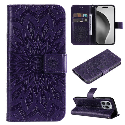 For iPhone 16 Pro Max Embossed Sunflower Pattern Flip Leather Phone Case(Purple) by buy2fix