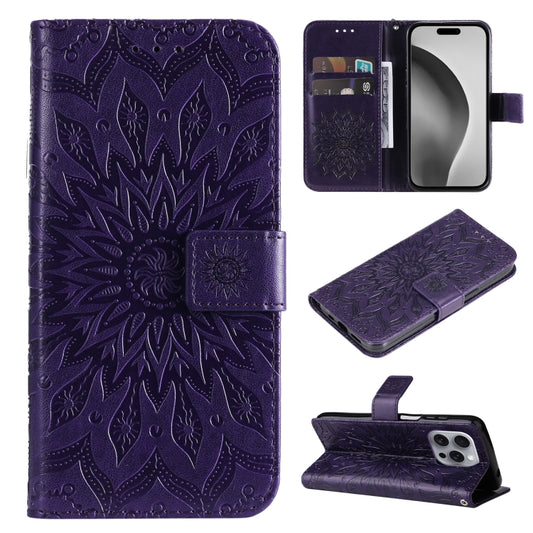 For iPhone 16 Pro Max Embossed Sunflower Pattern Flip Leather Phone Case(Purple) by buy2fix