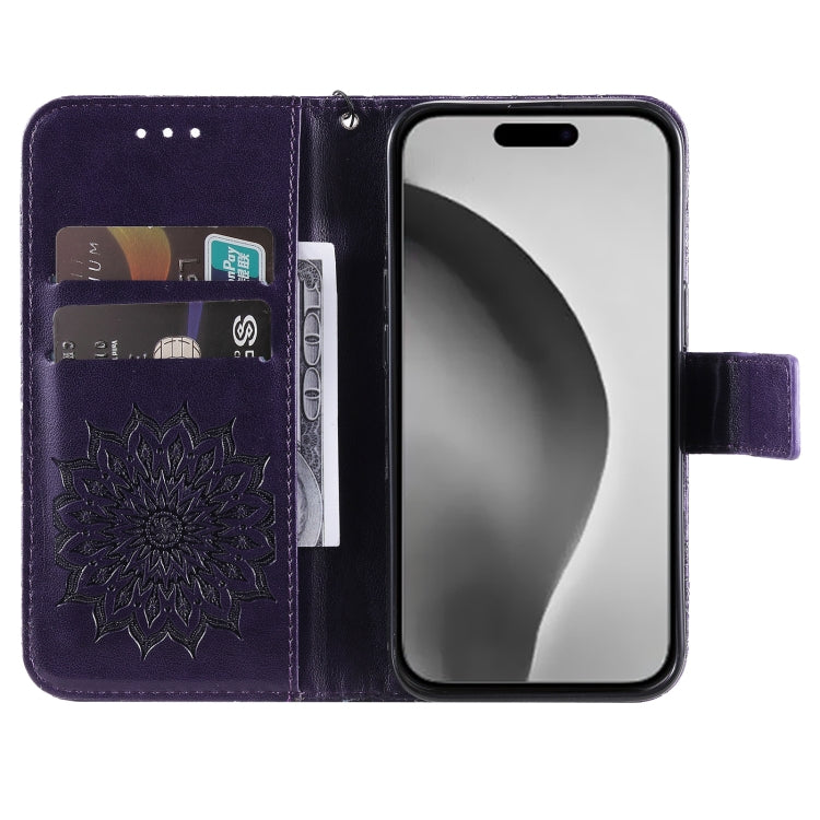 For iPhone 16 Pro Max Embossed Sunflower Pattern Flip Leather Phone Case(Purple) by buy2fix