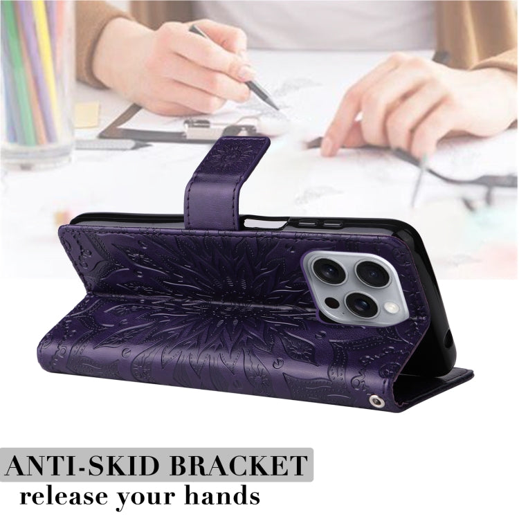 For iPhone 16 Pro Max Embossed Sunflower Pattern Flip Leather Phone Case(Purple) by buy2fix