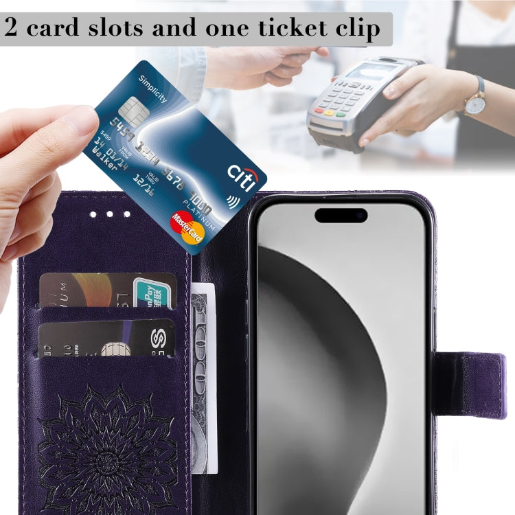 For iPhone 16 Pro Max Embossed Sunflower Pattern Flip Leather Phone Case(Purple) by buy2fix