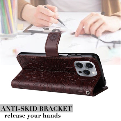 For iPhone 16 Pro Max Embossed Sunflower Pattern Flip Leather Phone Case(Brown) by buy2fix