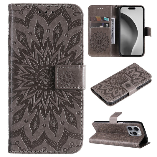 For iPhone 16 Pro Max Embossed Sunflower Pattern Flip Leather Phone Case(Grey) by buy2fix