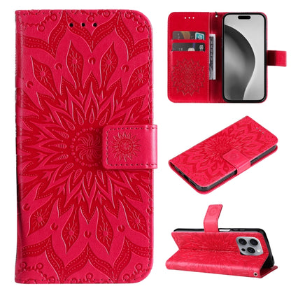 For iPhone 16 Pro Max Embossed Sunflower Pattern Flip Leather Phone Case(Red) by buy2fix