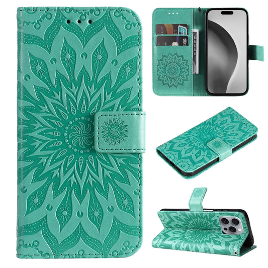 For iPhone 16 Pro Max Embossed Sunflower Pattern Flip Leather Phone Case(Green) by buy2fix