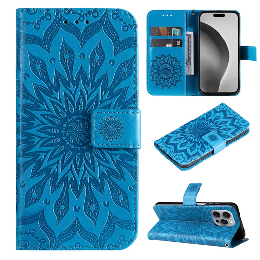 For iPhone 16 Pro Max Embossed Sunflower Pattern Flip Leather Phone Case(Blue) by buy2fix