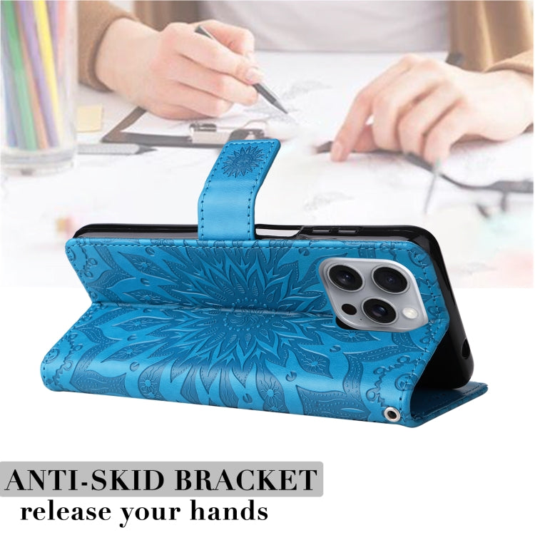 For iPhone 16 Pro Max Embossed Sunflower Pattern Flip Leather Phone Case(Blue) by buy2fix