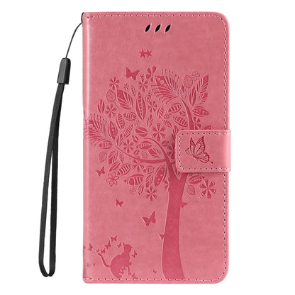 For iPhone 16e Tree & Cat Embossed Pattern Flip Leather Phone Case(Pink) by buy2fix