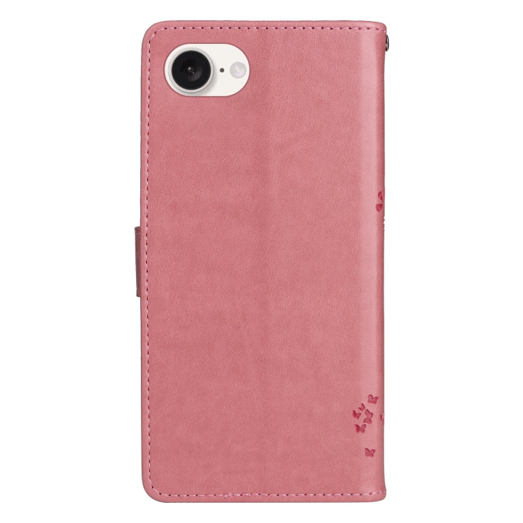 For iPhone 16e Tree & Cat Embossed Pattern Flip Leather Phone Case(Pink) by buy2fix