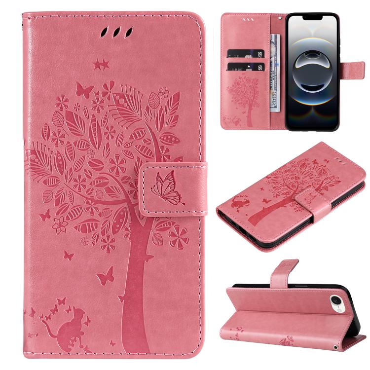 For iPhone 16e Tree & Cat Embossed Pattern Flip Leather Phone Case(Pink) by buy2fix