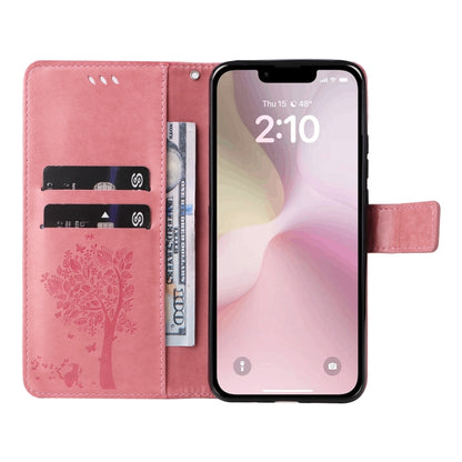 For iPhone 16e Tree & Cat Embossed Pattern Flip Leather Phone Case(Pink) by buy2fix