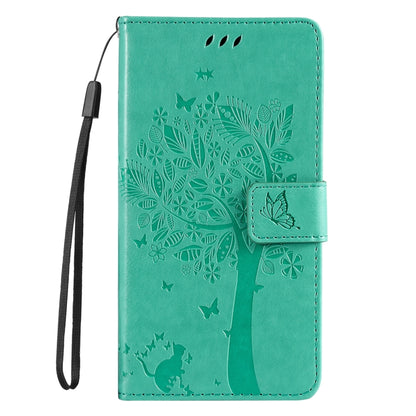 For iPhone 16e Tree & Cat Embossed Pattern Flip Leather Phone Case(Green) by buy2fix