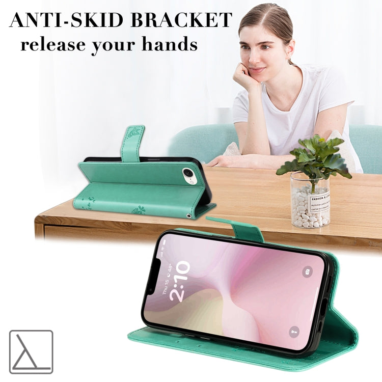 For iPhone 16e Tree & Cat Embossed Pattern Flip Leather Phone Case(Green) by buy2fix