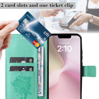 For iPhone 16e Tree & Cat Embossed Pattern Flip Leather Phone Case(Green) by buy2fix