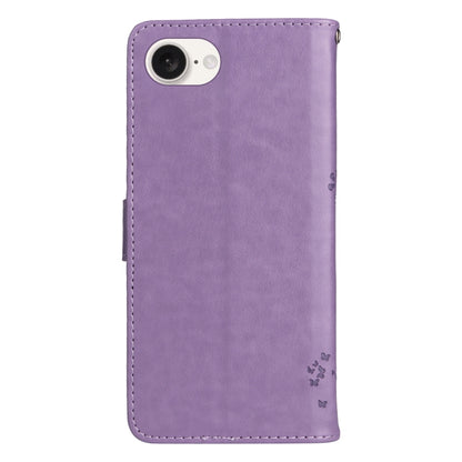 For iPhone 16e Tree & Cat Embossed Pattern Flip Leather Phone Case(Light Purple) by buy2fix
