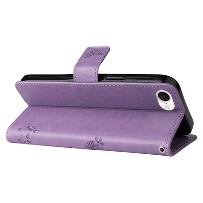 For iPhone 16e Tree & Cat Embossed Pattern Flip Leather Phone Case(Light Purple) by buy2fix