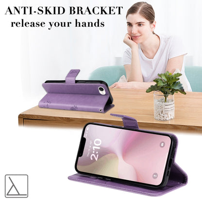 For iPhone 16e Tree & Cat Embossed Pattern Flip Leather Phone Case(Light Purple) by buy2fix