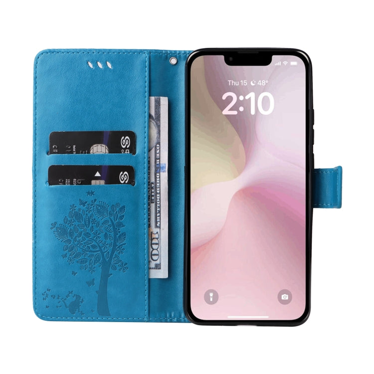 For iPhone 16e Tree & Cat Embossed Pattern Flip Leather Phone Case(Blue) by buy2fix