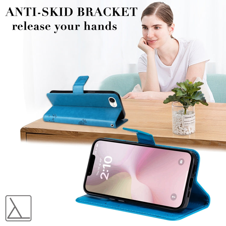 For iPhone 16e Tree & Cat Embossed Pattern Flip Leather Phone Case(Blue) by buy2fix