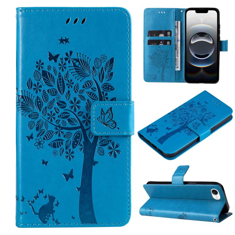 For iPhone 16e Tree & Cat Embossed Pattern Flip Leather Phone Case(Blue) by buy2fix