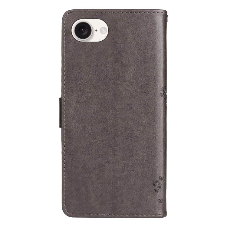 For iPhone 16e Tree & Cat Embossed Pattern Flip Leather Phone Case(Grey) by buy2fix